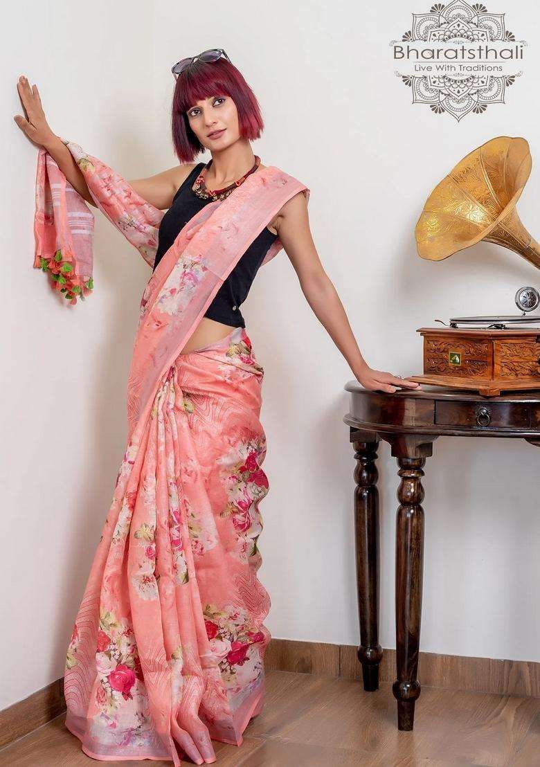 Peach Pink Pure Linen Digital Print Saree With Printed Design For Women - Indya