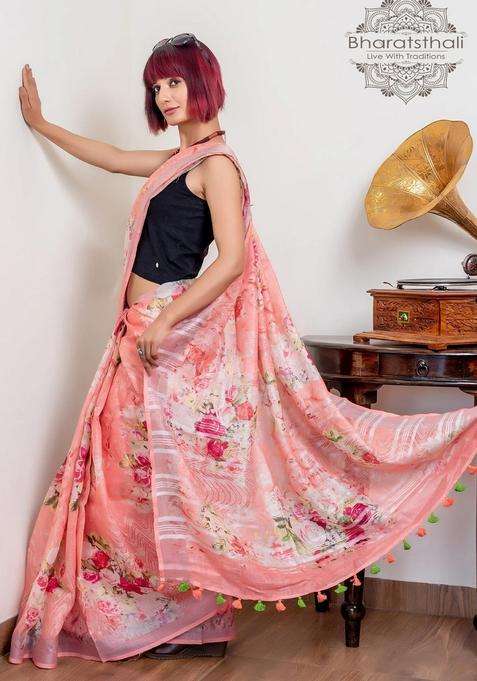 Peach Pink Pure Linen Digital Print Saree With Printed Design For Women