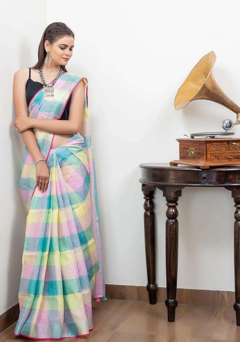 Multicolour Pink Blue Yellow With Silver Border Pure Linen Saree With Traditional Woven Design For Women - Indya