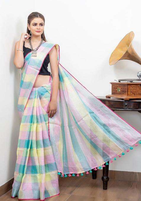 Multicolour Pink Blue Yellow With Silver Border Pure Linen Saree With Traditional Woven Design For Women