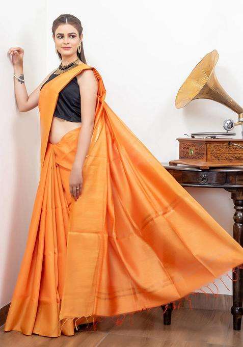 Orange With Golden Border Pure Muga Silk Saree With Traditional Woven Design For Women