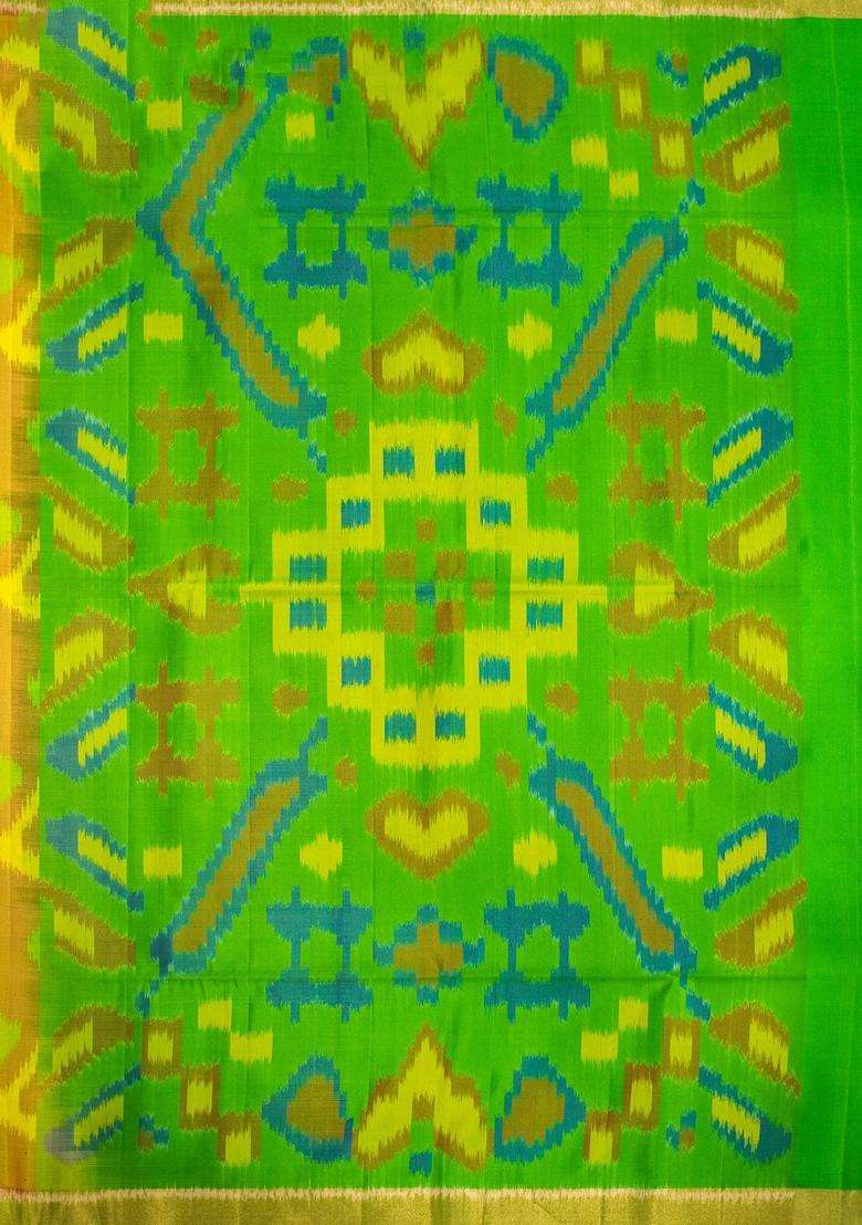 Mustard Yellow And Green Pure Kanchipuram Silk Saree With Traditional Woven Design For Women - Indya