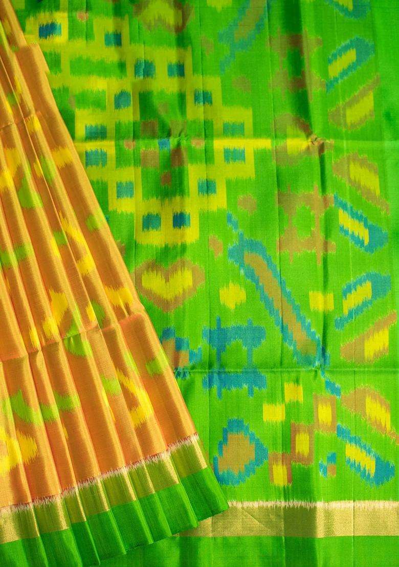 Mustard Yellow And Green Pure Kanchipuram Silk Saree With Traditional Woven Design For Women - Indya