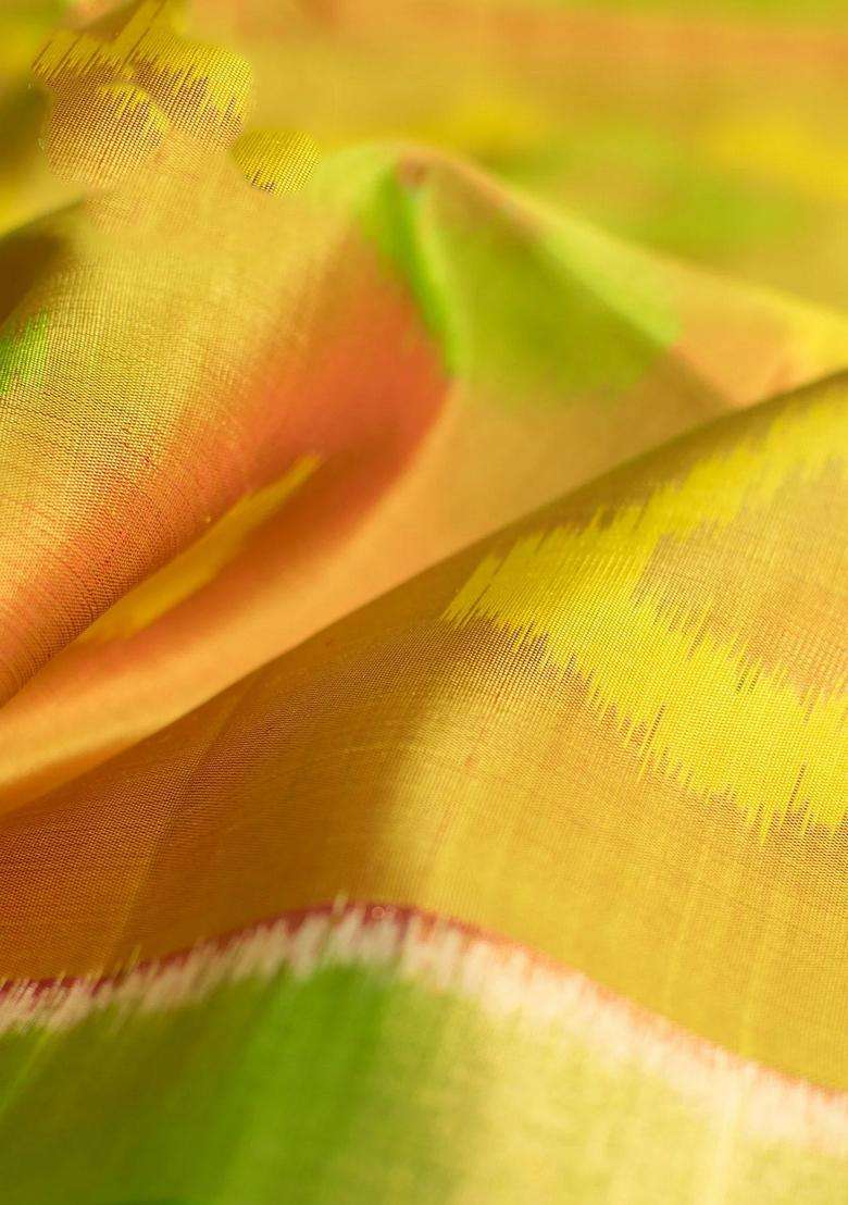 Mustard Yellow And Green Pure Kanchipuram Silk Saree With Traditional Woven Design For Women - Indya