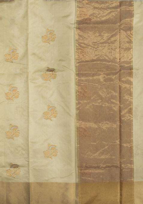 Beige Pure Chandheri Silk Cotton Saree With Golden Silver Zari With Traditional Woven Design For Women