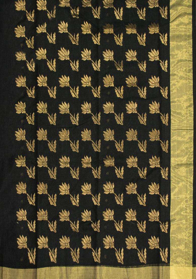 Small Booty Black Chandheri Silk Cotton Saree With Golden Zari Work With Traditional Woven Design For Women - Indya