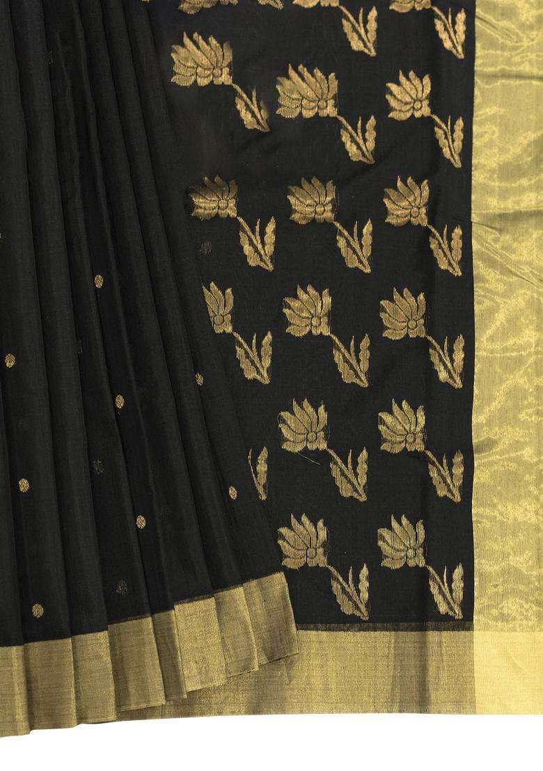 Small Booty Black Chandheri Silk Cotton Saree With Golden Zari Work With Traditional Woven Design For Women - Indya