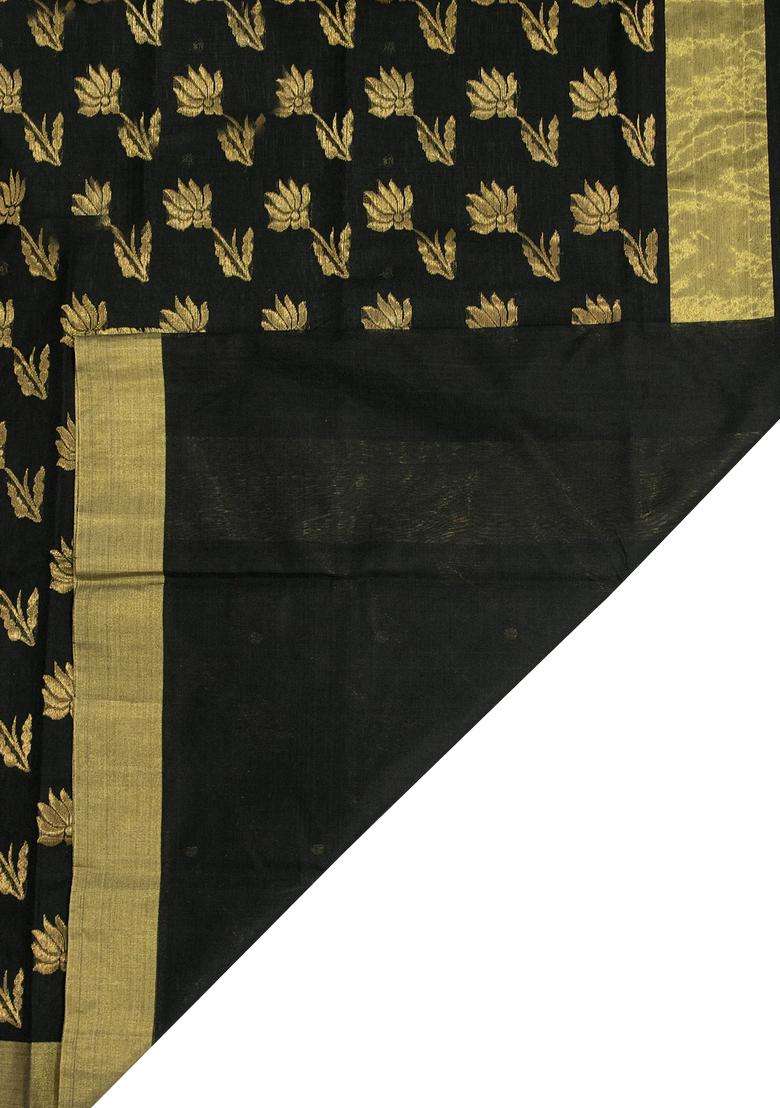 Small Booty Black Chandheri Silk Cotton Saree With Golden Zari Work With Traditional Woven Design For Women - Indya