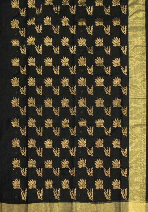 Small Booty Black Chandheri Silk Cotton Saree With Golden Zari Work With Traditional Woven Design For Women
