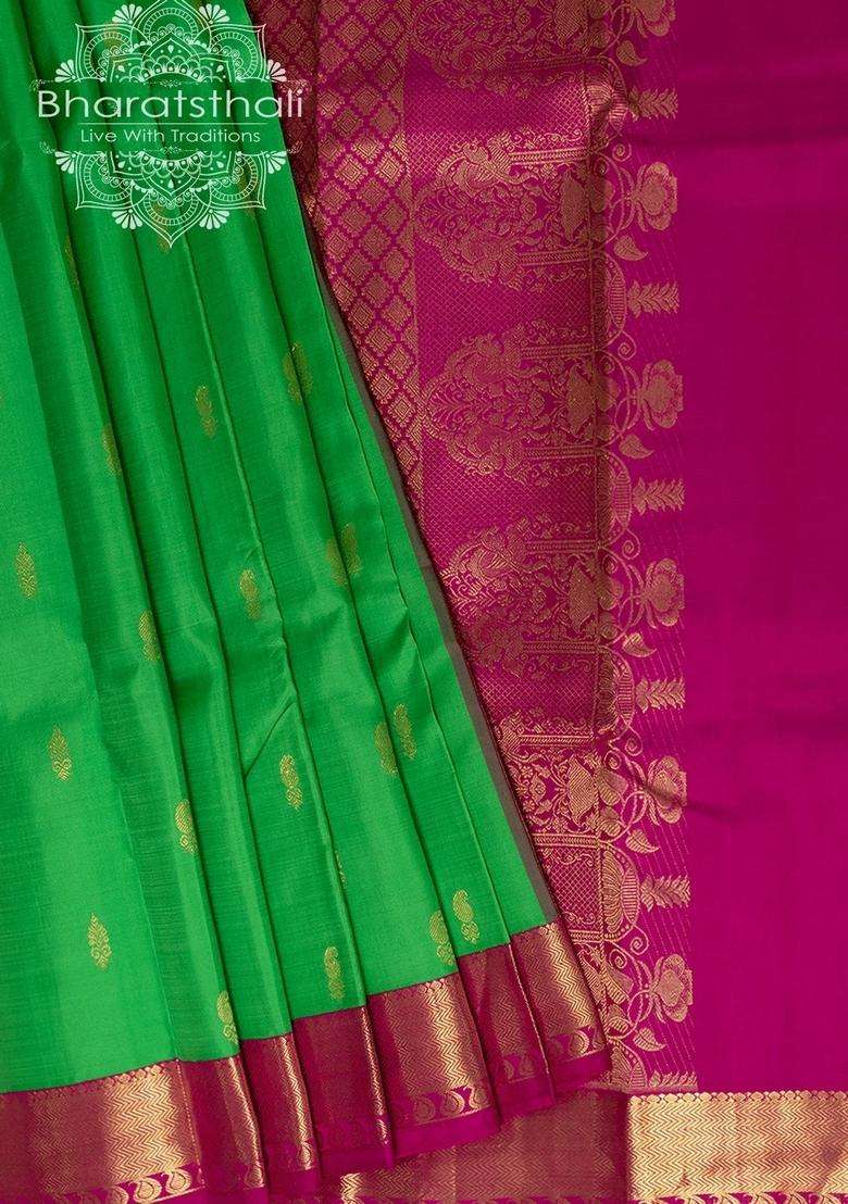 Harlequin Green With Hot Pink Border Golden Zari Pallu And Border Small Zari Bootis Pure Silk Saree With Traditional Woven Design For Women - Indya
