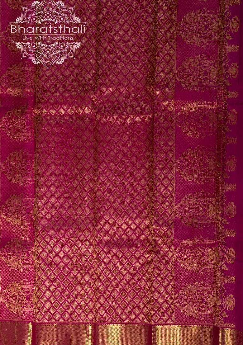 Harlequin Green With Hot Pink Border Golden Zari Pallu And Border Small Zari Bootis Pure Silk Saree With Traditional Woven Design For Women - Indya