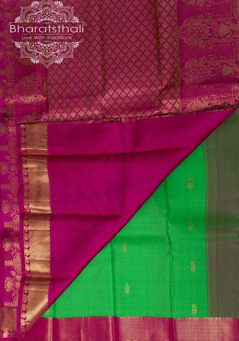 Harlequin Green With Hot Pink Border Golden Zari Pallu And Border Small Zari Bootis Pure Silk Saree With Traditional Woven Design For Women