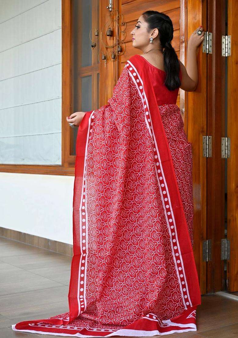 Red Pure Cotton Sarees With Traditional Woven Design For Women - Indya