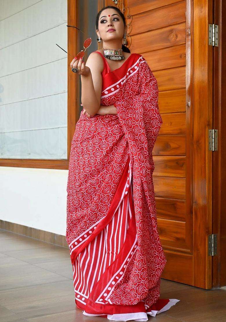 Red Pure Cotton Sarees With Traditional Woven Design For Women - Indya
