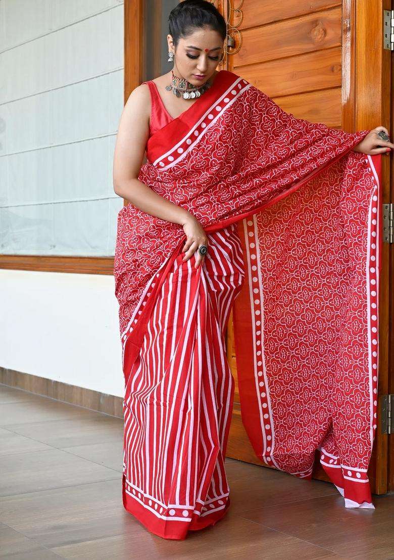 Red Pure Cotton Sarees With Traditional Woven Design For Women - Indya