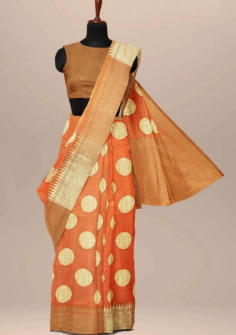 Orange With Goden Zari Work Banarasi Woven Silk Saree With Traditional Woven Design For Women - Indya