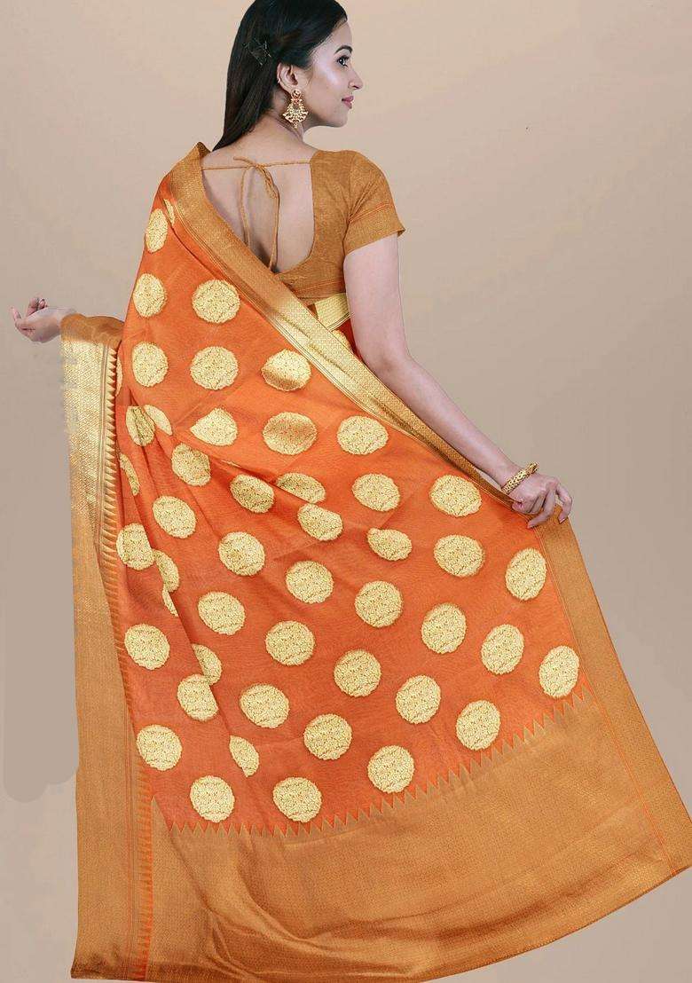 Orange With Goden Zari Work Banarasi Woven Silk Saree With Traditional Woven Design For Women - Indya
