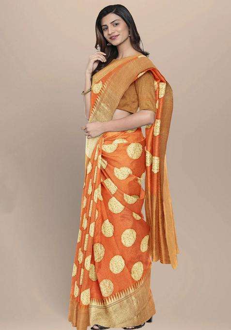 Orange With Goden Zari Work Banarasi Woven Silk Saree With Traditional Woven Design For Women