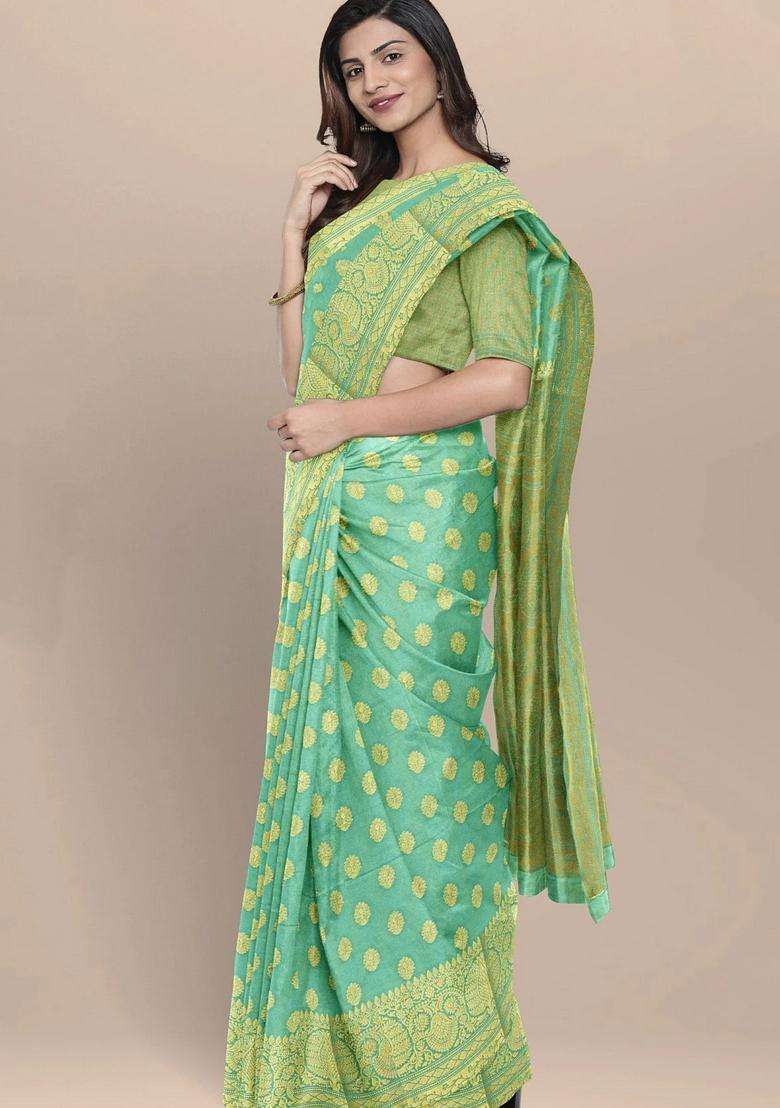 Double Shaded Sea Green Color With All Over Zari Heavy Border And Pallu Silk Saree With Traditional Woven Design For Women - Indya