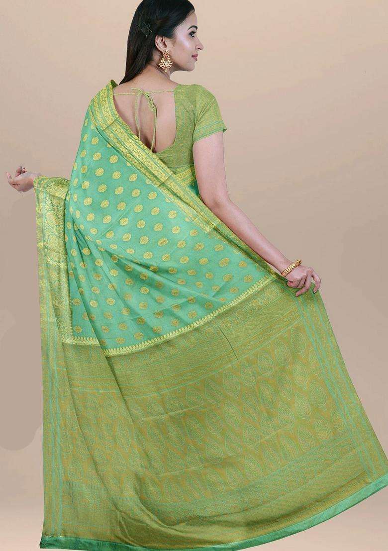 Double Shaded Sea Green Color With All Over Zari Heavy Border And Pallu Silk Saree With Traditional Woven Design For Women - Indya