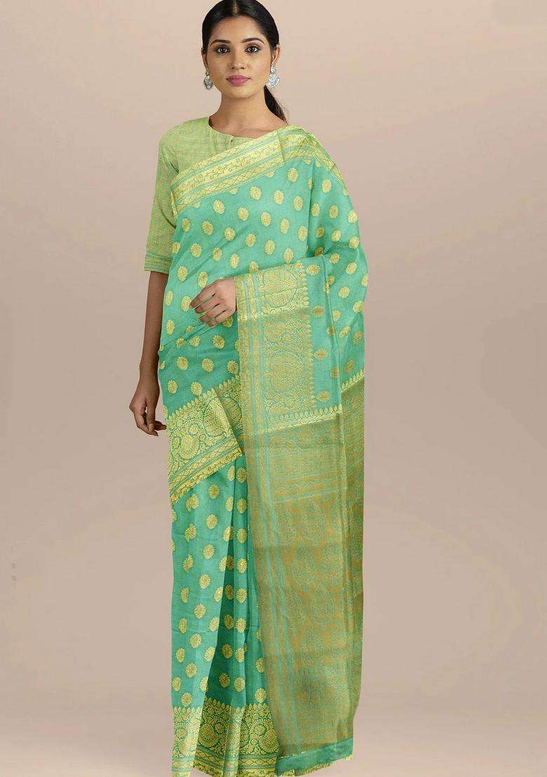Double Shaded Sea Green Color With All Over Zari Heavy Border And Pallu Silk Saree With Traditional Woven Design For Women - Indya