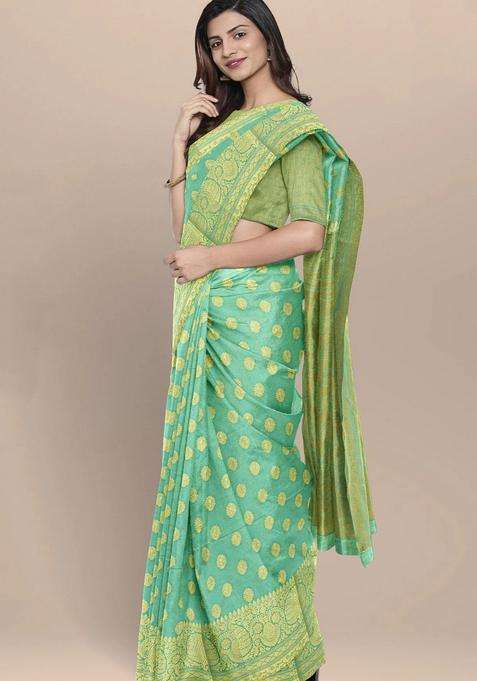 Double Shaded Sea Green Color With All Over Zari Heavy Border And Pallu Silk Saree With Traditional Woven Design For Women