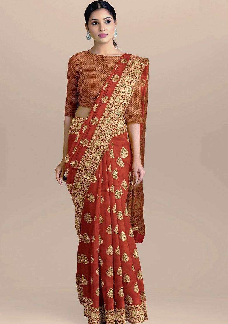 Dark Orange Color Silk Saree With All Over Booties And Heavy Zari Pallu With Traditional Woven Design For Women - Indya
