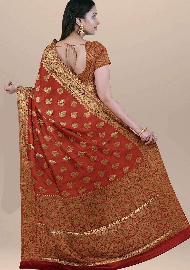 Dark Orange Color Silk Saree With All Over Booties And Heavy Zari Pallu With Traditional Woven Design For Women - Indya
