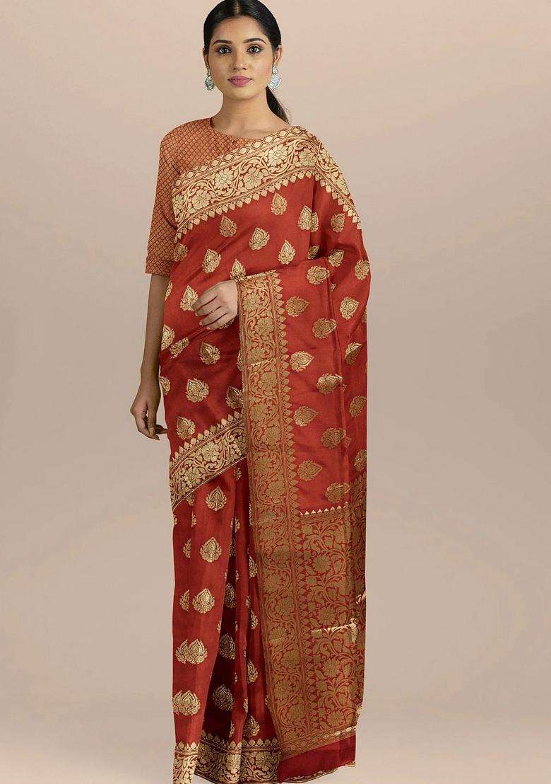 Dark Orange Color Silk Saree With All Over Booties And Heavy Zari Pallu With Traditional Woven Design For Women - Indya
