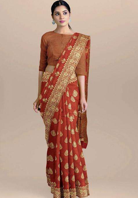 Dark Orange Color Silk Saree With All Over Booties And Heavy Zari Pallu With Traditional Woven Design For Women