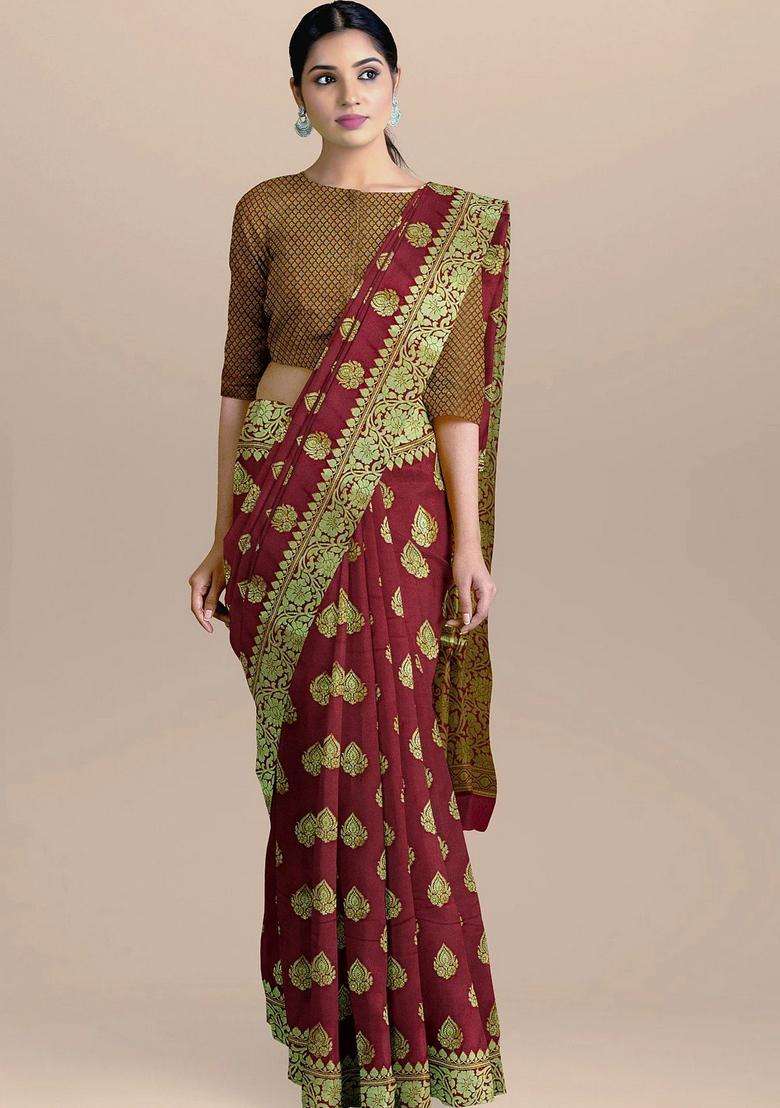Maroon Color Silk Saree With All Over Zari Border And Heavy Pallu With Traditional Woven Design For Women - Indya