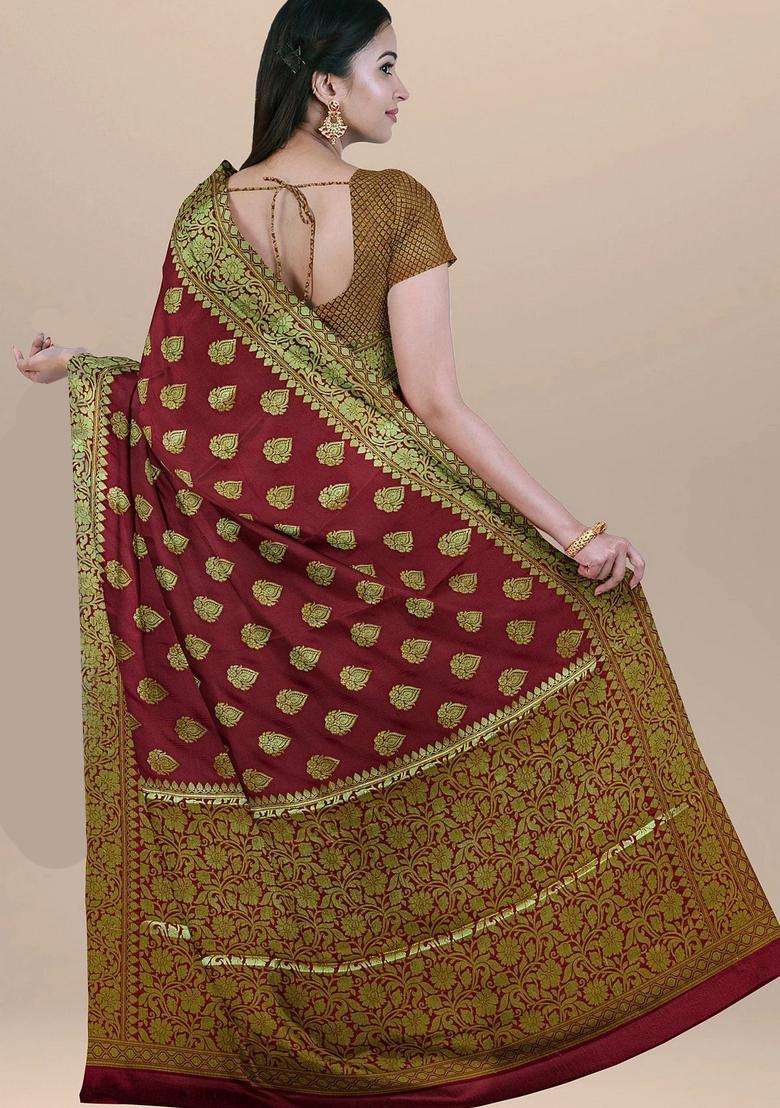 Maroon Color Silk Saree With All Over Zari Border And Heavy Pallu With Traditional Woven Design For Women - Indya