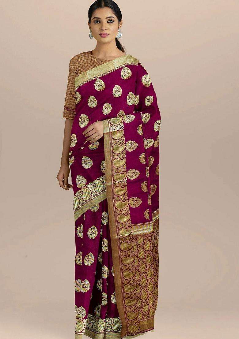 Maroon Color Silk Saree Big Booties And Zari Border Pallu With Traditional Woven Design For Women - Indya