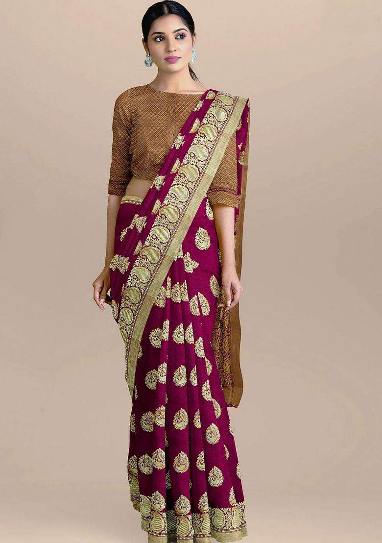 Maroon Color Silk Saree Big Booties And Zari Border Pallu With Traditional Woven Design For Women - Indya