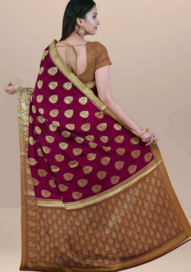Maroon Color Silk Saree Big Booties And Zari Border Pallu With Traditional Woven Design For Women - Indya