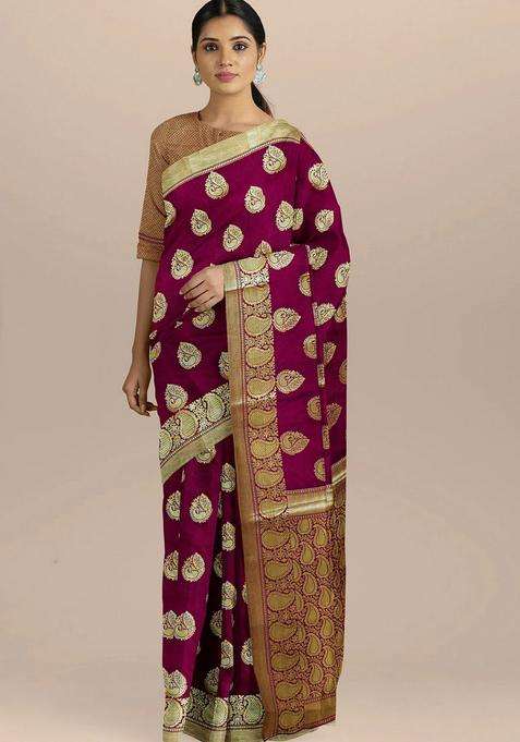 Maroon Color Silk Saree Big Booties And Zari Border Pallu With Traditional Woven Design For Women