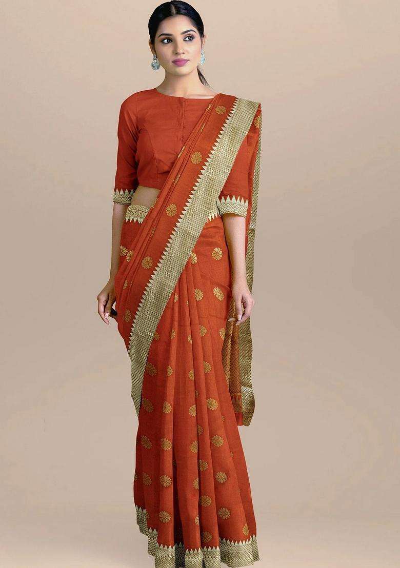 Orange Color Silk Saree All Over Zari Booty And Heavy Pallu With Traditional Woven Design For Women - Indya