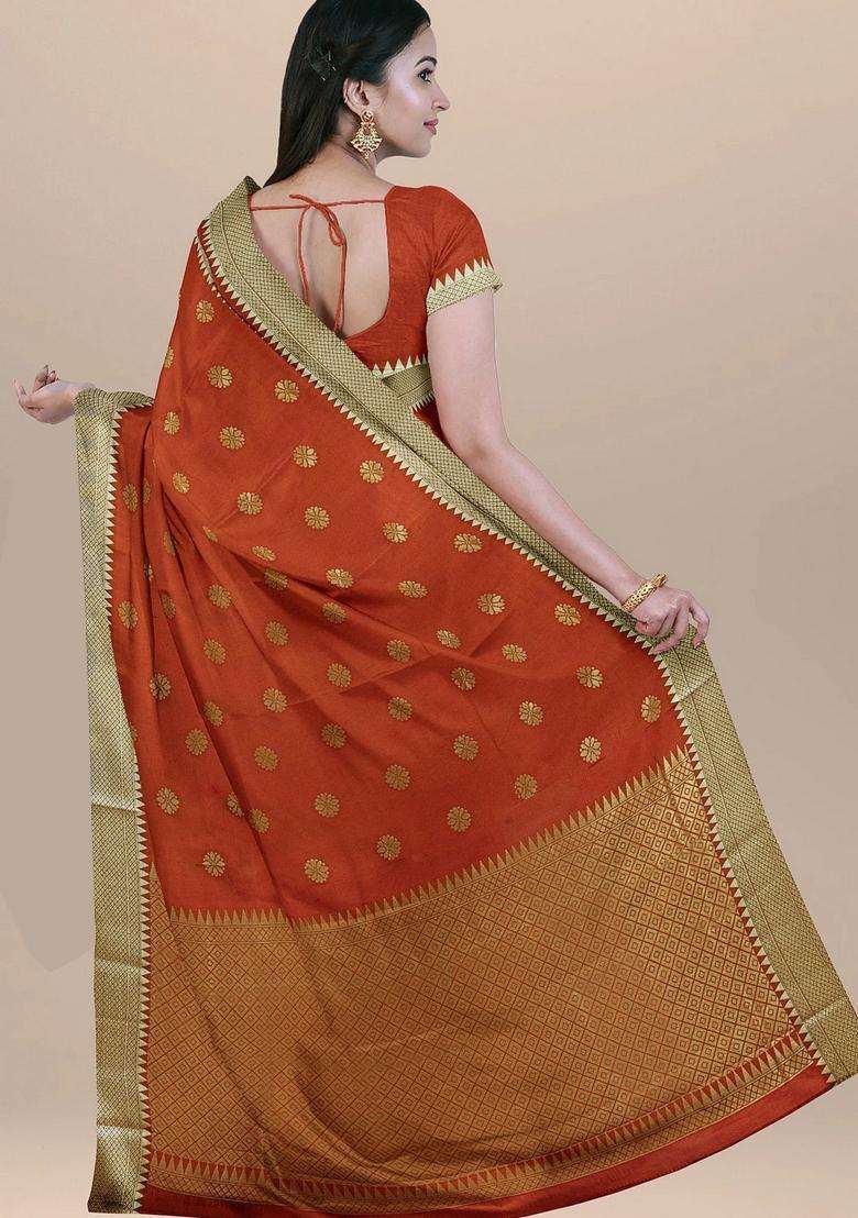 Orange Color Silk Saree All Over Zari Booty And Heavy Pallu With Traditional Woven Design For Women - Indya