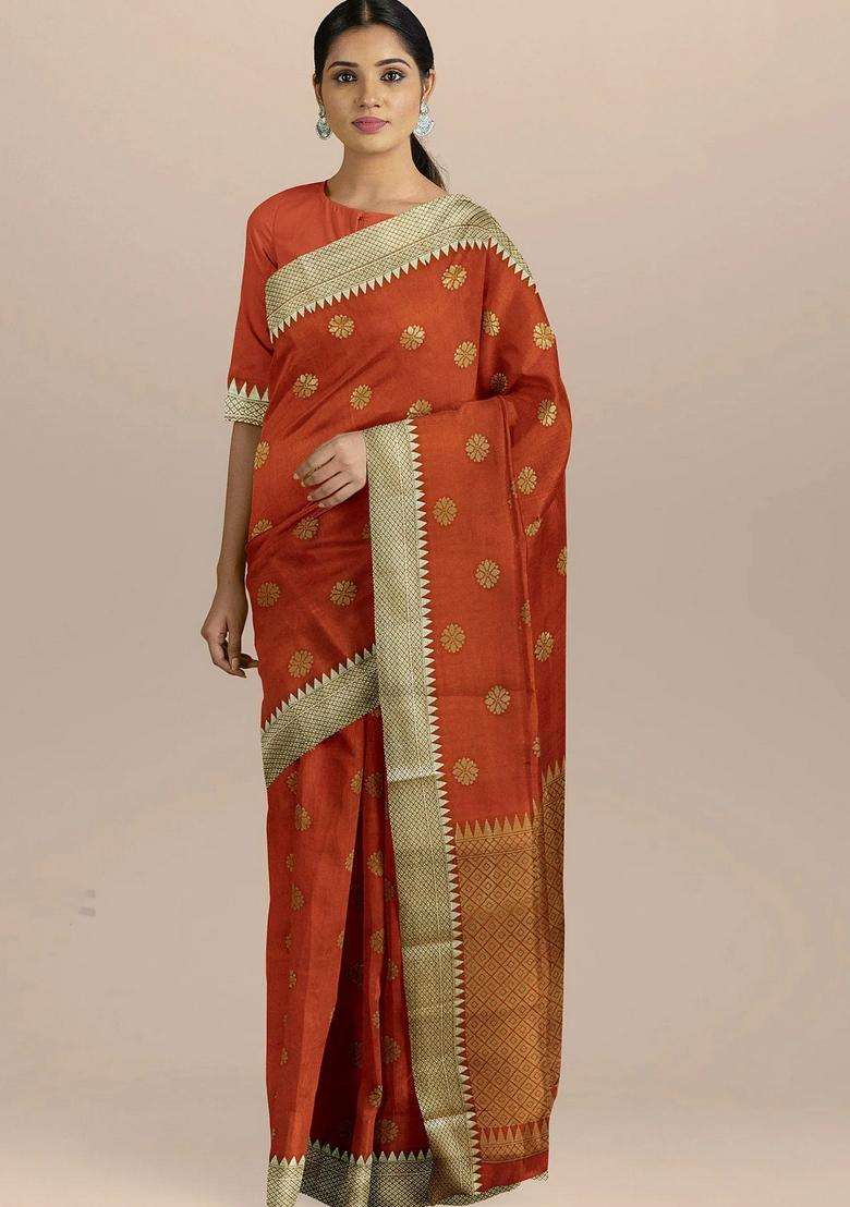 Orange Color Silk Saree All Over Zari Booty And Heavy Pallu With Traditional Woven Design For Women - Indya