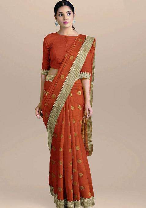 Orange Color Silk Saree All Over Zari Booty And Heavy Pallu With Traditional Woven Design For Women