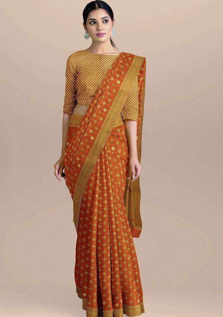 Orange Color Silk Saree With Small Zari Booties And Heavy Pallu With Traditional Woven Design For Women - Indya