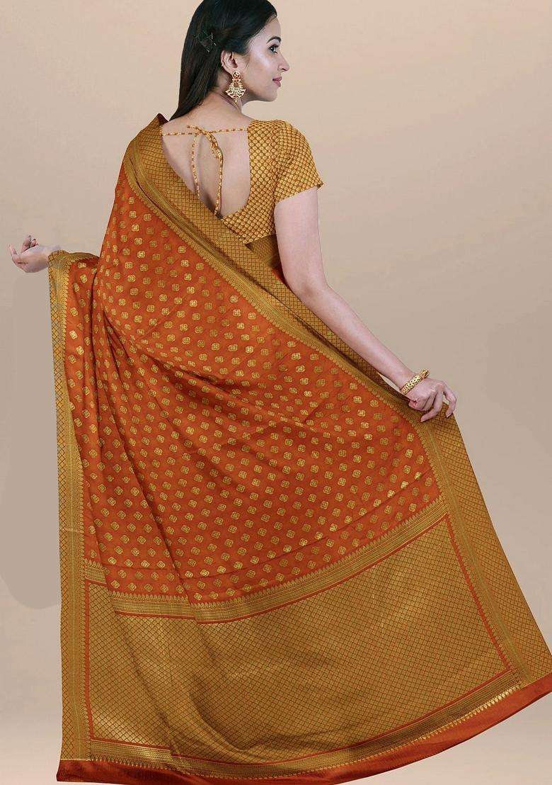 Orange Color Silk Saree With Small Zari Booties And Heavy Pallu With Traditional Woven Design For Women - Indya