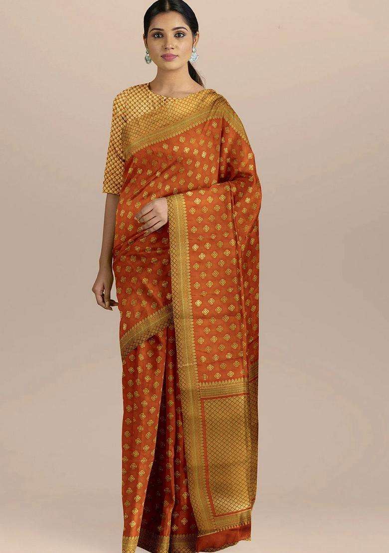 Orange Color Silk Saree With Small Zari Booties And Heavy Pallu With Traditional Woven Design For Women - Indya