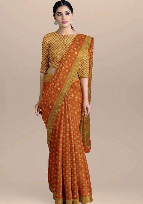 Orange Color Silk Saree With Small Zari Booties And Heavy Pallu With Traditional Woven Design For Women