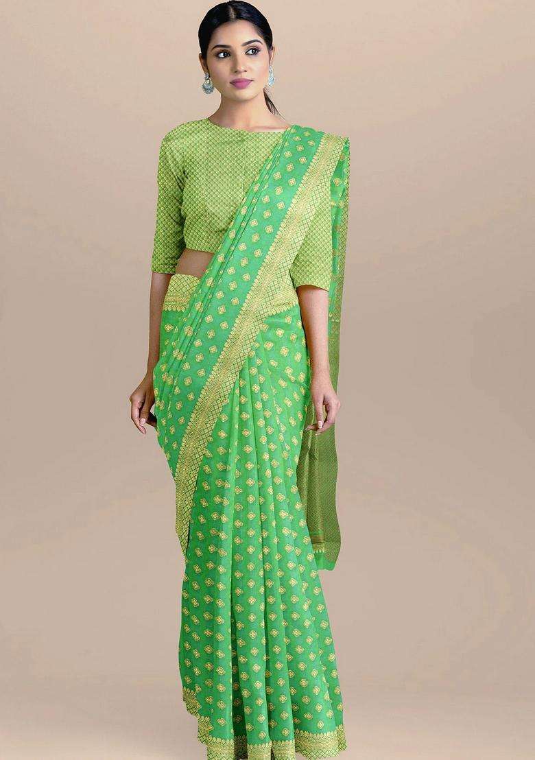 Sea Green Color Silk Saree With All Over Zari Booty And Golden Pallu With Traditional Woven Design For Women - Indya