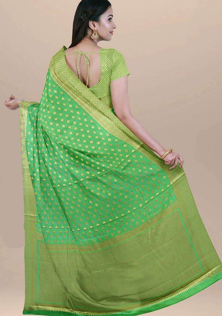 Sea Green Color Silk Saree With All Over Zari Booty And Golden Pallu With Traditional Woven Design For Women - Indya