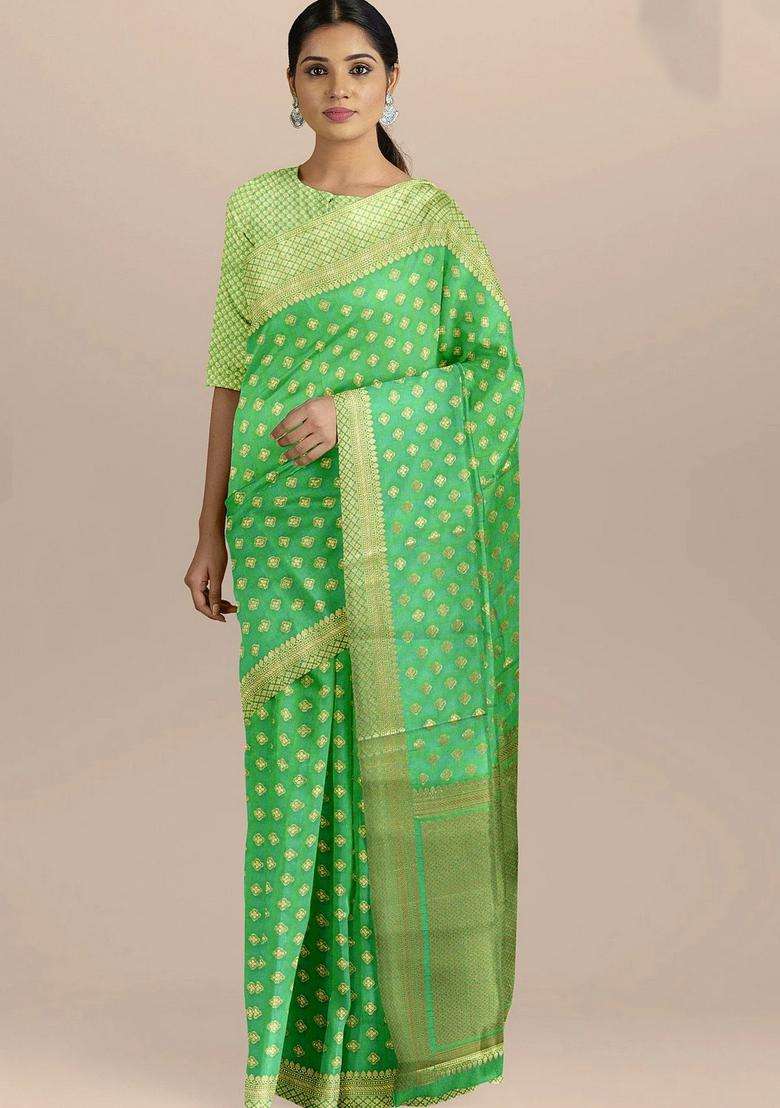 Sea Green Color Silk Saree With All Over Zari Booty And Golden Pallu With Traditional Woven Design For Women - Indya