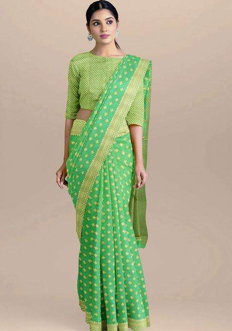 Sea Green Color Silk Saree With All Over Zari Booty And Golden Pallu With Traditional Woven Design For Women