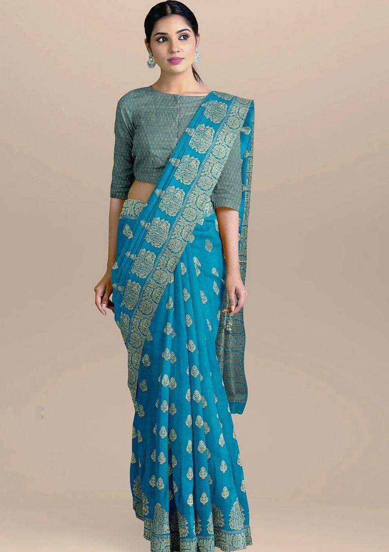 Blue Color Silk Saree With Big Booties And Heavy Pallu With Traditional Woven Design For Women - Indya