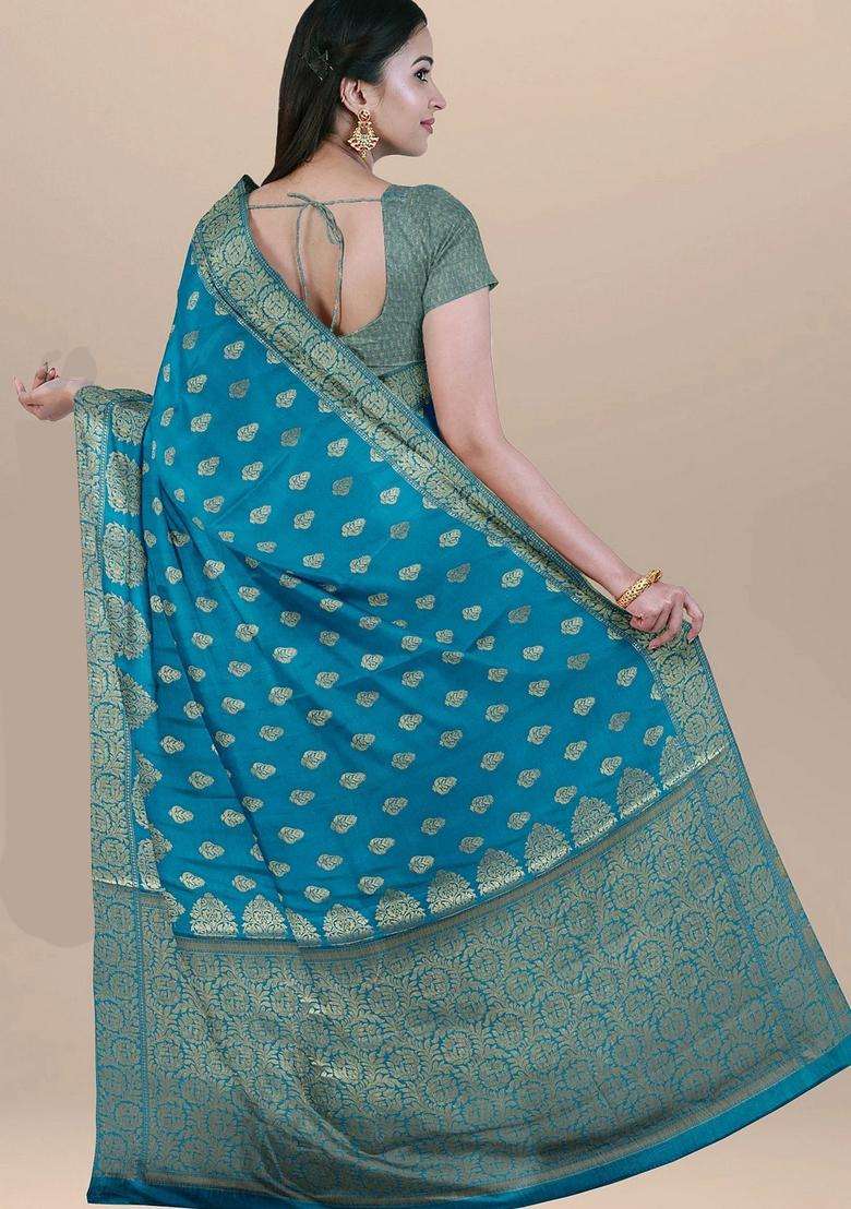 Blue Color Silk Saree With Big Booties And Heavy Pallu With Traditional Woven Design For Women - Indya